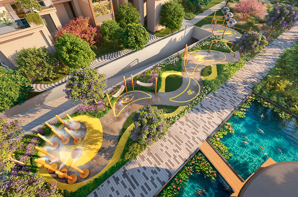 Children's wet play area and landscaped pathways seen from above