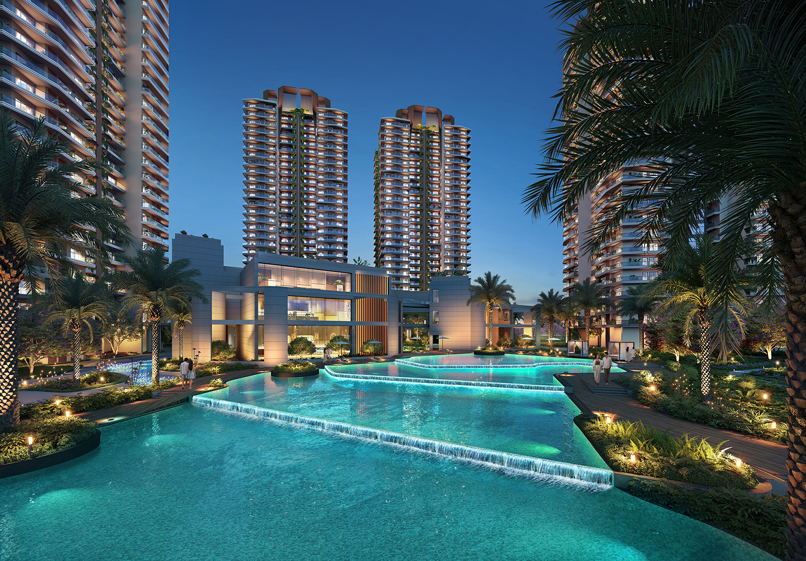 Club Elixir illuminated poolside pavilion beside the Cocoa County towers at dusk