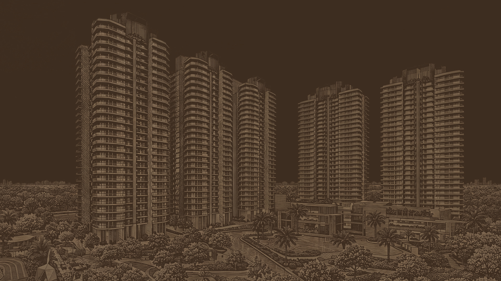 Illustrated architectural line-art of Cocoa County's towers and waterfront deck
