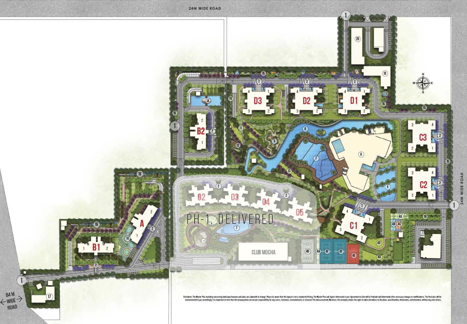 Cocoa County master plan showing towers, water bodies, clubhouse and landscaped pathways