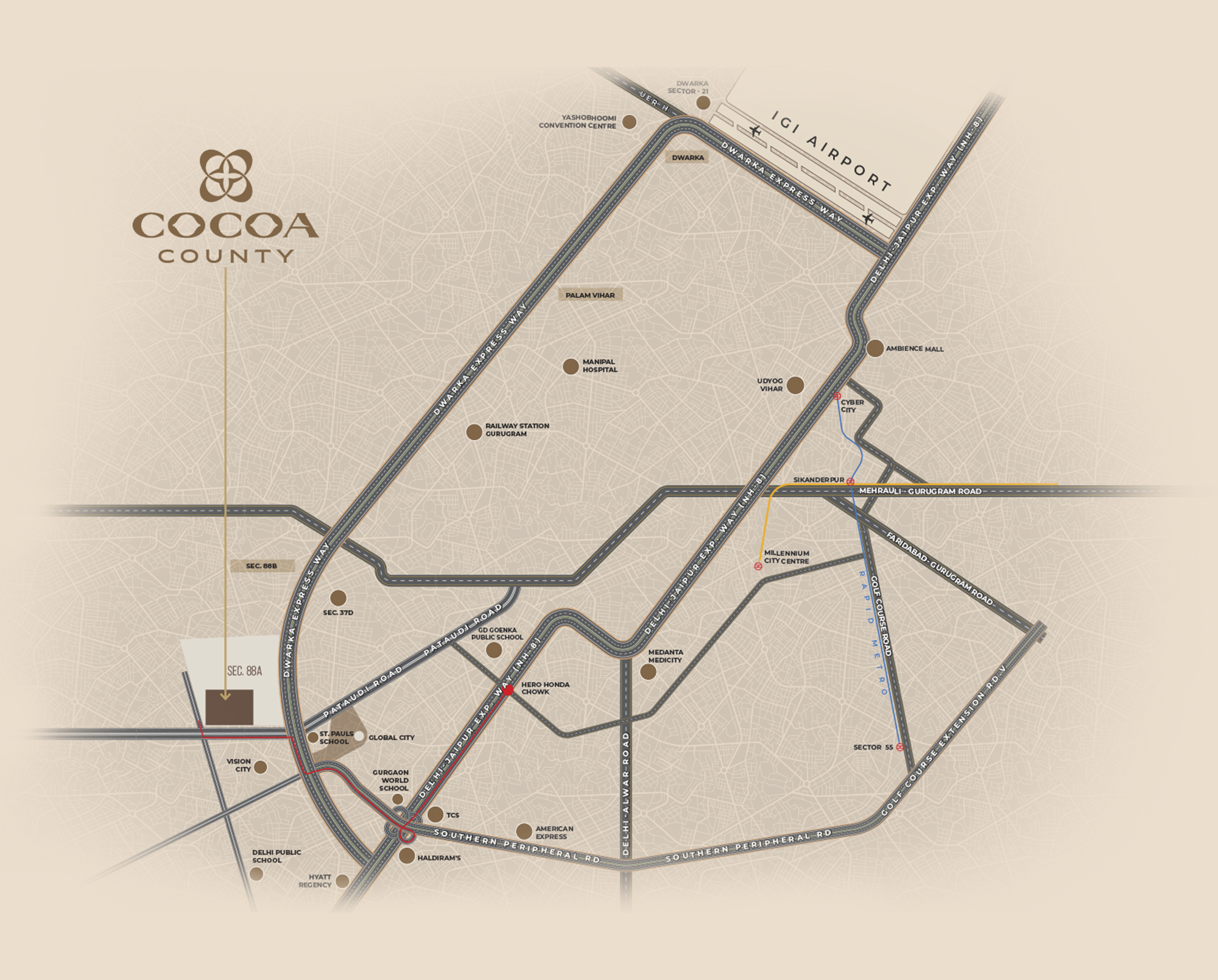 Illustrated route map showing the roads and landmarks connecting to Cocoa County