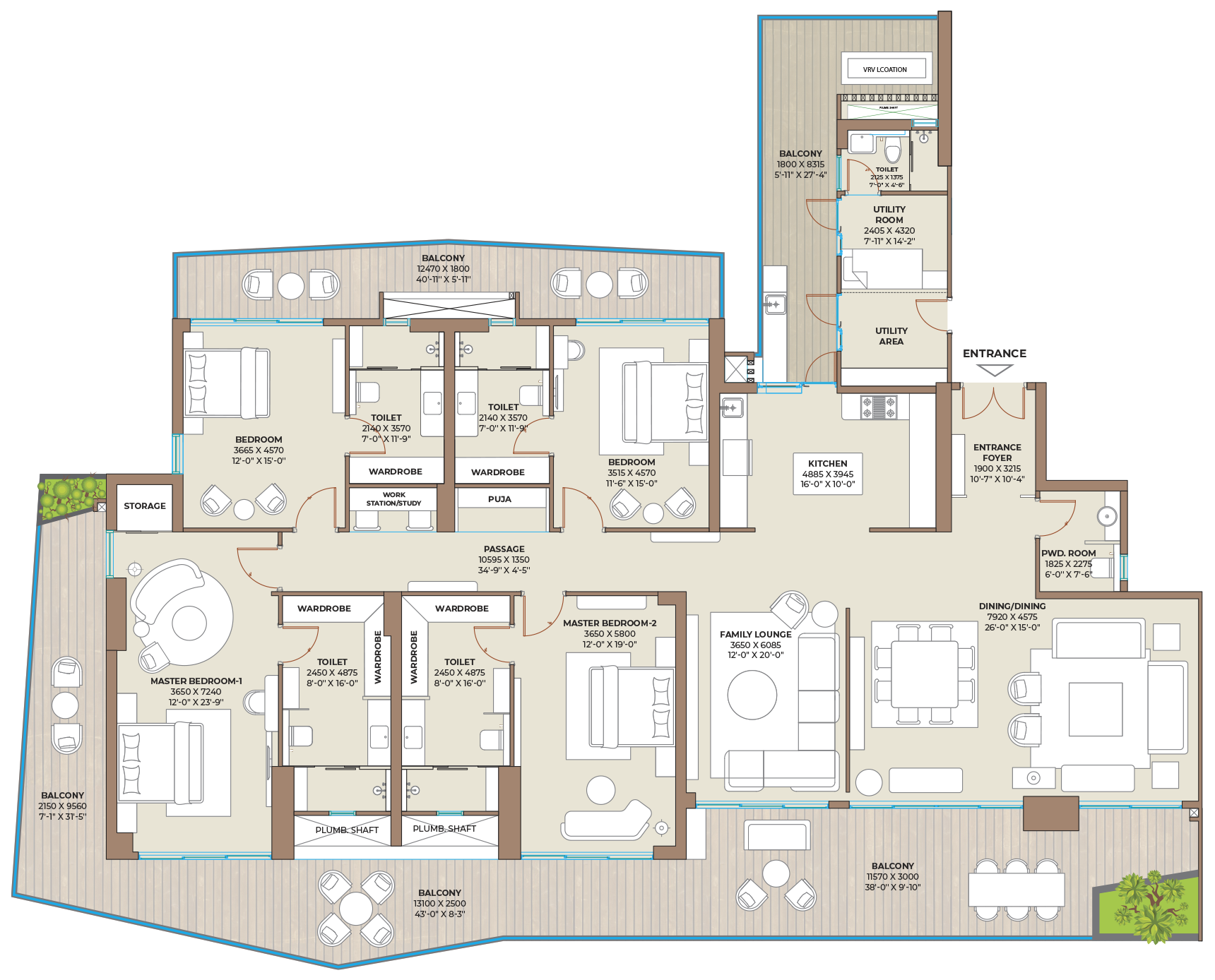 Type A floor plan — 4BHK + 4T + LOUNGE + PUJA + STUDY + UTILITY WITH TOI + PWD. ROOM