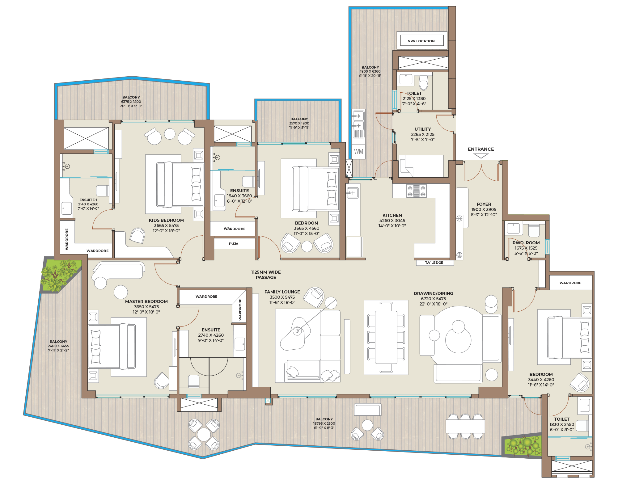 Type B floor plan — 4BHK + 4T + LOUNGE + PUJA + UTILTY WITH TOI + PWD. ROOM