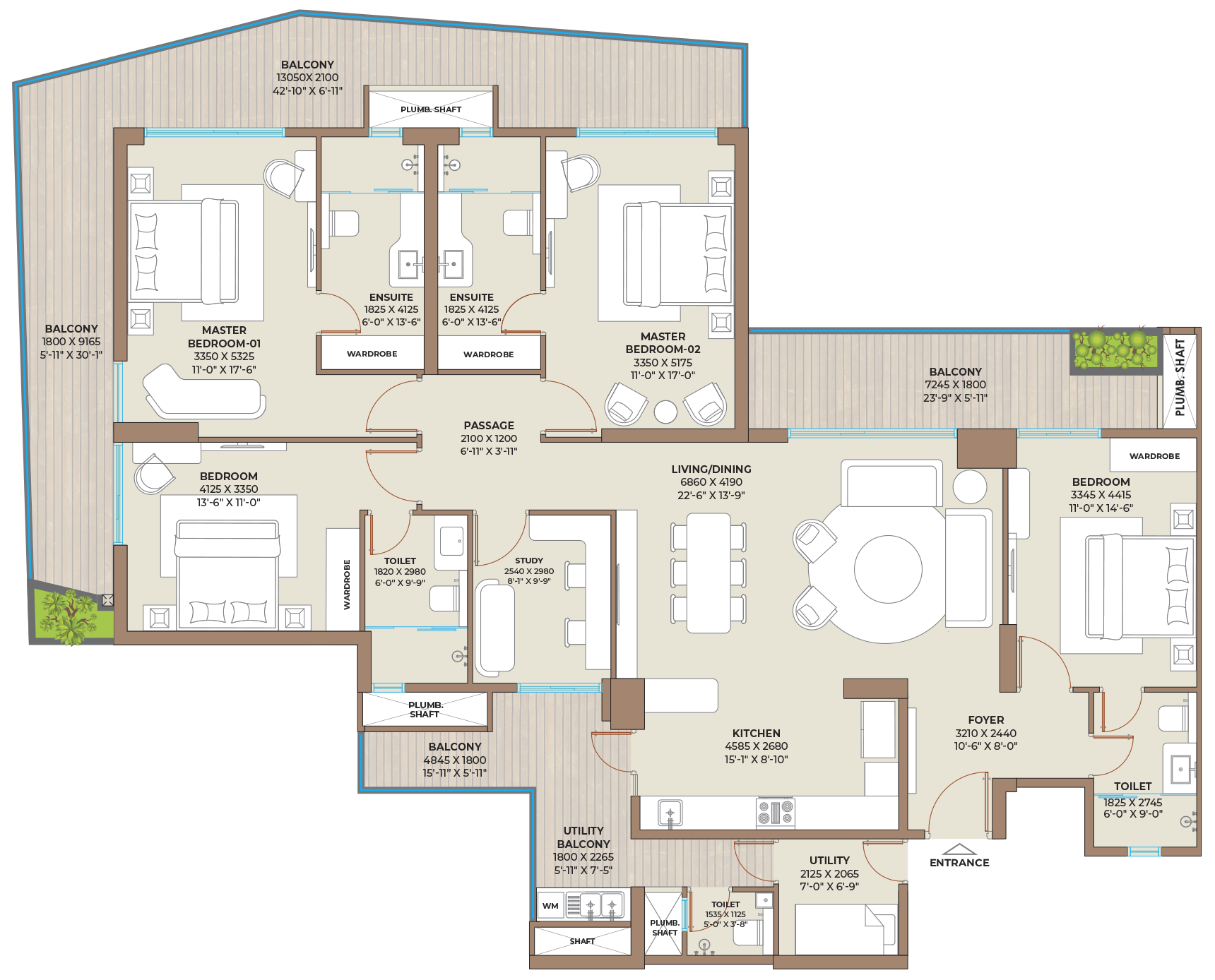 Type C floor plan — 4BHK + 4T + STUDY + UTILITY