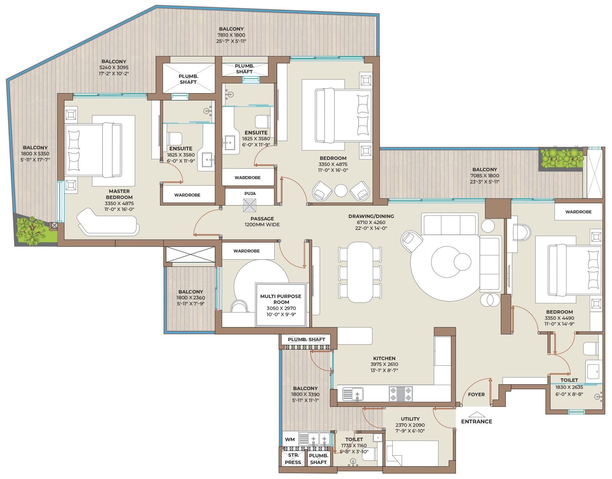 Type D floor plan — 3BHK + 3T + MULTI PURPOSE ROOM + UTILITY