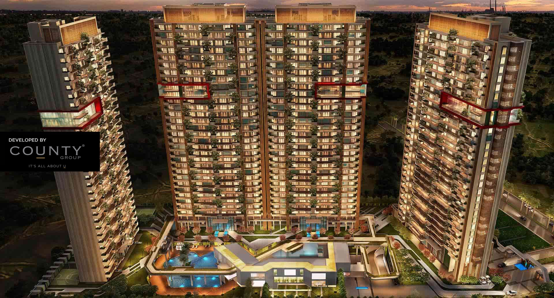 County 107 towers and landscaped podium — artist’s impression